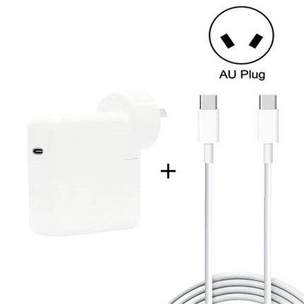 Compact USB-C Charger for Travel and Daily Use shown with AU plug and USB-C cable, compact white charger for smartphone tablet laptop