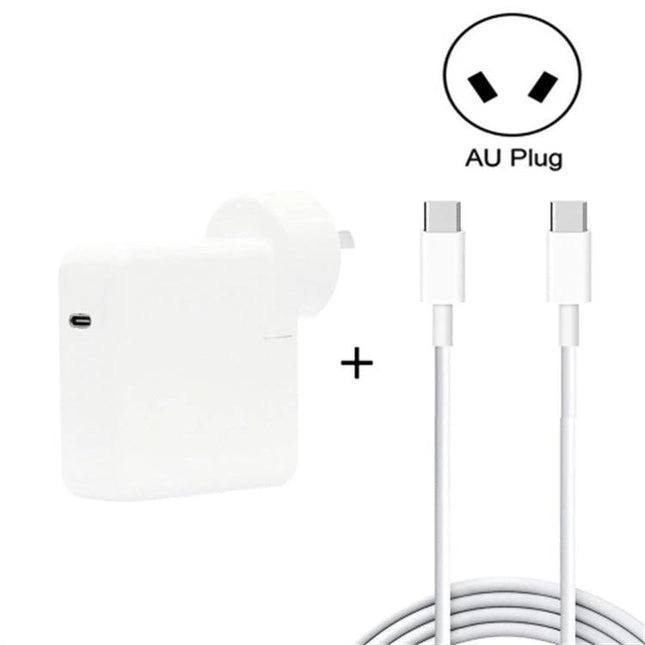 Compact USB-C Charger for Travel and Daily Use shown with AU plug and USB-C cable, compact white charger for smartphone tablet laptop