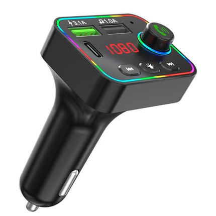 Car MP3 Player FM Transmitter With Dual USB Charger showing dual USB ports, LED display, control knob and colorful rim for in-car music, charging and hands-free calls