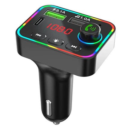 Car MP3 Player FM Transmitter With Dual USB Charger plugged into car cigarette lighter showing dual USB ports digital display and control knob