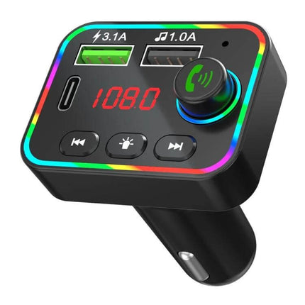 Car MP3 Player FM Transmitter With Dual USB Charger plugged into car lighter with LED display, dual USB ports, Bluetooth call button and TF/USB playback