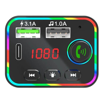Car MP3 Player FM Transmitter With Dual USB Charger front panel showing dual USB ports, LED frequency display and call control button