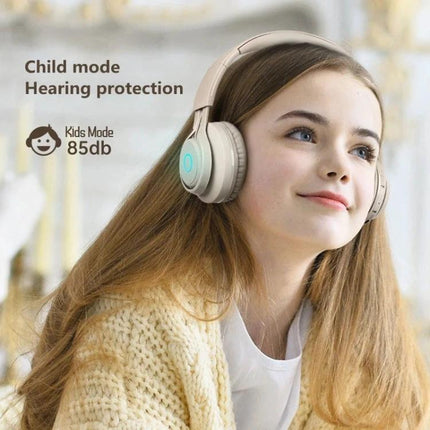 Kids Bluetooth Headset With LED Lights And Microphone For Classes shown on girl wearing RGB over-ear headphones with mic