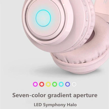 Kids Bluetooth Headset With LED Lights And Microphone For Classes pink over-ear headset with RGB LED halo, mic and aux backup