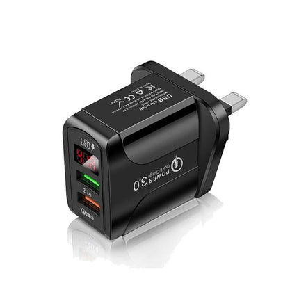 Charger with UK Plug for Everyday Phone and Tablet Use - compact black 3.0 USB travel wall charger with dual USB ports and LED display