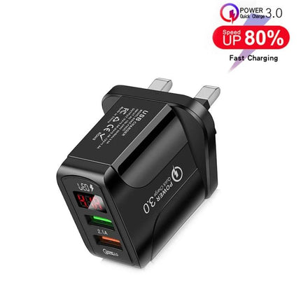 Charger with UK Plug for Everyday Phone and Tablet Use - compact black fast charger with dual USB ports and UK plug