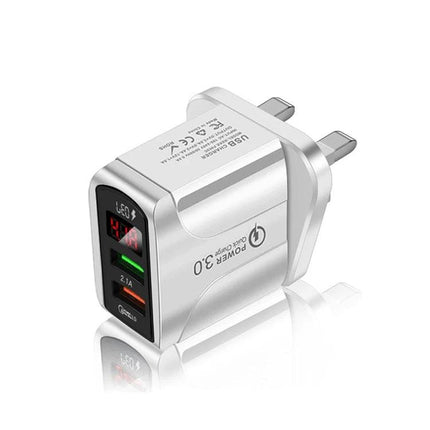 Charger with UK Plug for Everyday Phone and Tablet Use - compact silver dual USB power adapter with UK plug and LED display
