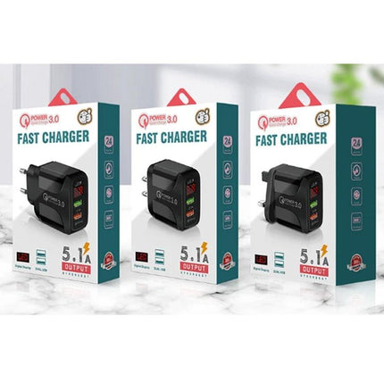 Charger with UK Plug for Everyday Phone and Tablet Use shown as black fast charger with 5.1A output in retail packaging