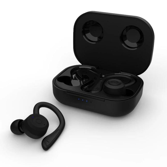Wireless Sports Earbuds Adjustable Ear Hooks For Running in black with charging case, Bluetooth 5.0, IPX6 sweat-resistant design
