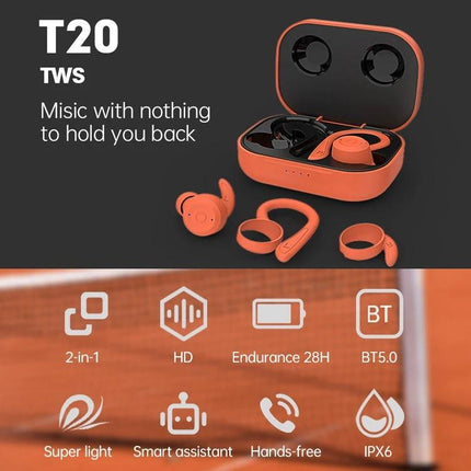 Wireless Sports Earbuds Adjustable Ear Hooks For Running T20 TWS orange earbuds with case, IPX6 sweat-resistant, Bluetooth 5.0 controls