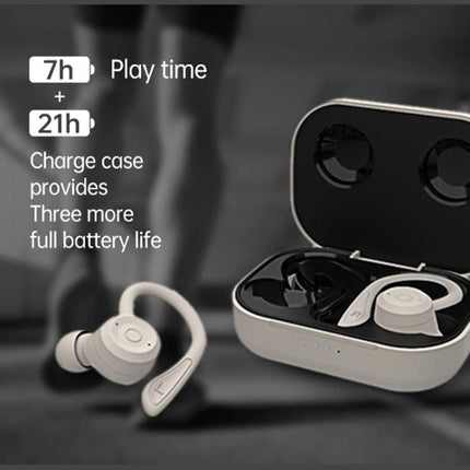 Wireless Sports Earbuds Adjustable Ear Hooks For Running shown with charging case and 7h play time, 21h total battery