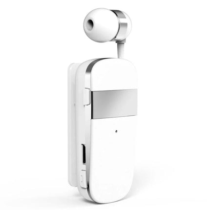 Clip On Bluetooth Headset With Vibration Call Alerts For Commuters compact white clip-on headset showing earbud and vibration alert