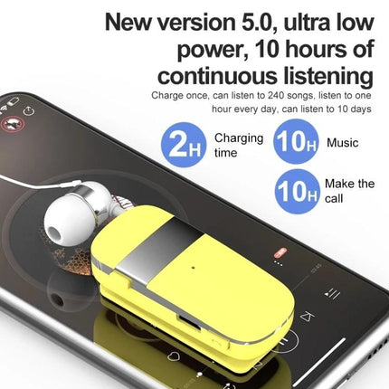 Clip On Bluetooth Headset With Vibration Call Alerts For Commuters yellow clip-on headset shown on smartphone indicating 10h music playback