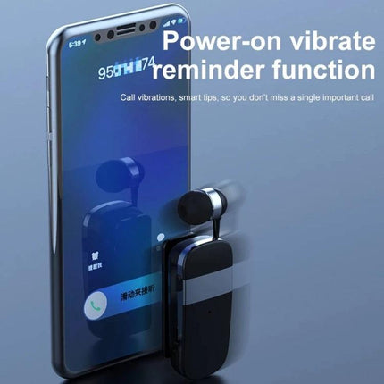 Clip On Bluetooth Headset With Vibration Call Alerts For Commuters shown clipped to shirt next to smartphone with vibrate reminder