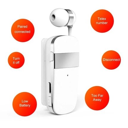 Clip On Bluetooth Headset With Vibration Call Alerts For Commuters white clip design with earbud and notification icons