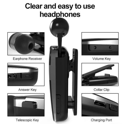 Clip On Bluetooth Headset With Vibration Call Alerts For Commuters sleek black clip-on design with earphone receiver and buttons