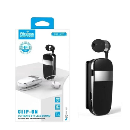 Clip On Bluetooth Headset With Vibration Call Alerts For Commuters shown clipped to clothing with earbud and packaging