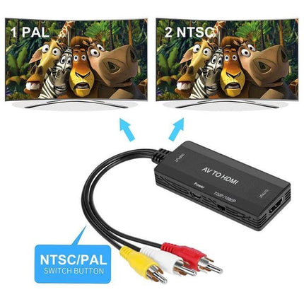 AV to HDMI Converter for Analog Video to Digital TV Connections - black box with RCA cables showing NTSC/PAL switch and comparison TVs
