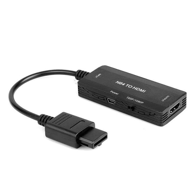 SNES N64 to HDMI Video Converter for Retro Gaming on TVs black N64-to-HDMI adapter with cable showing HDMI port and micro USB power