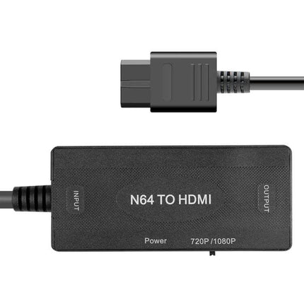 SNES N64 to HDMI Video Converter for Retro Gaming on TVs - black N64 to HDMI adapter box with input cable, power indicator and 720P/1080P labels