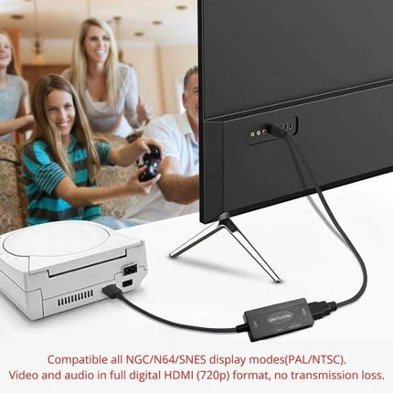 SNES N64 to HDMI Video Converter for Retro Gaming on TVs connected between classic console and modern HDMI TV showing family playing retro games