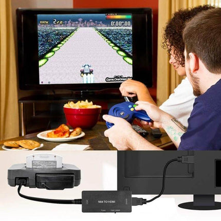 SNES N64 to HDMI Video Converter for Retro Gaming on TVs connected to a modern HDTV showing N64 gameplay