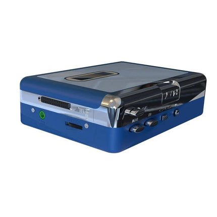 Ezcap Portable Cassette Player with Bluetooth Streaming Capability showing blue portable cassette player with controls and Bluetooth connectivity