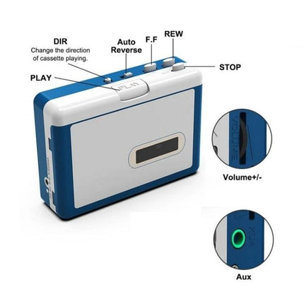 Ezcap Portable Cassette Player with Bluetooth Streaming Capability showing blue-white player with play, stop, rewind, auto-reverse buttons and aux/volume ports