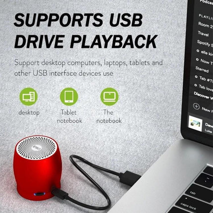 EWA Portable Bluetooth Speaker For Indoor And Outdoor Use compact red wireless speaker with USB playback next to laptop