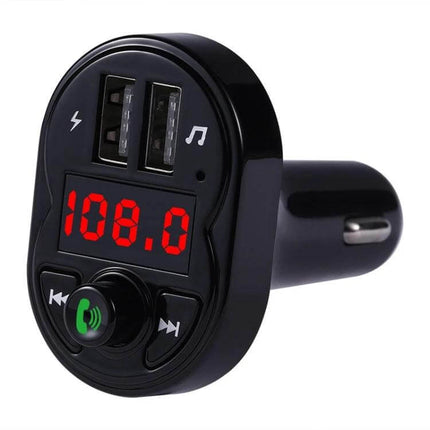Car Handsfree Kit With FM Transmitter For In-Car Calls And Music – black FM transmitter with dual USB ports and LED display for hands-free calling