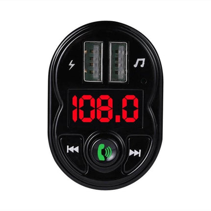 Car Handsfree Kit With FM Transmitter For In-Car Calls And Music - black FM transmitter with dual USB ports, red LED frequency display and call controls