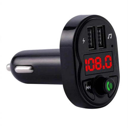 Car Handsfree Kit With FM Transmitter For In-Car Calls And Music - black dual USB FM transmitter showing 108.0 display and call button