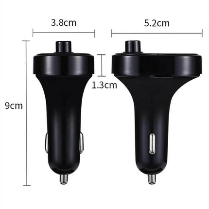 Car Handsfree Kit With FM Transmitter For In-Car Calls And Music - black compact car charger-style handsfree FM transmitter with dimensions
