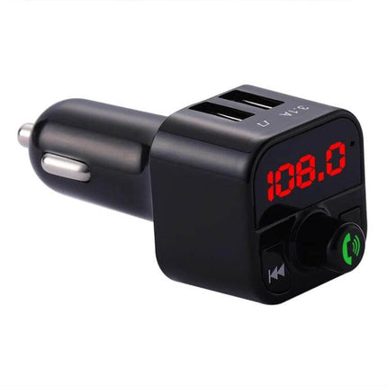 Handsfree Car Kit Bluetooth FM Transmitter For In Car Calls - black FM transmitter with LED display, dual USB ports and handsfree call button
