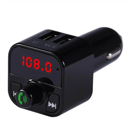 Handsfree Car Kit Bluetooth FM Transmitter For In Car Calls compact black FM transmitter with LED display, USB ports, and call controls