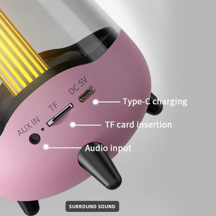 Night Light Speaker With Soothing Breathing Light For Bed showing Type-C charging, TF card slot and AUX audio input on pink base