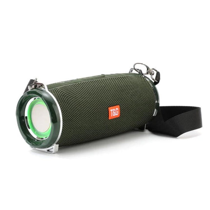 T G Portable Bluetooth Speaker With Detachable Strap For Everyday Use compact green speaker with mesh cover and shoulder strap