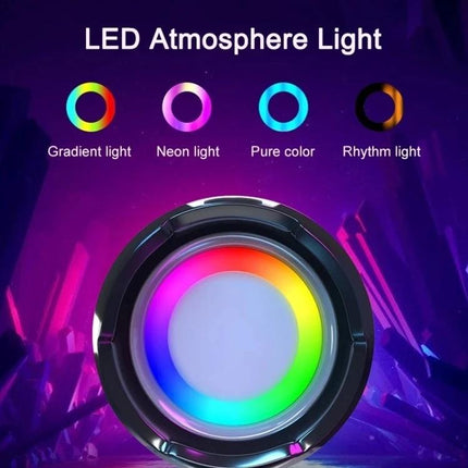 T G Portable Bluetooth Speaker With Detachable Strap For Everyday Use showing circular LED atmosphere light with gradient neon pure color and rhythm modes