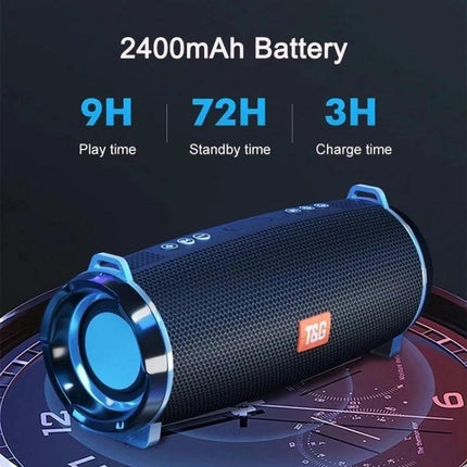 T G Portable Bluetooth Speaker With Detachable Strap For Everyday Use showing 2400mAh battery, 9H play time, 72H standby, 3H charge
