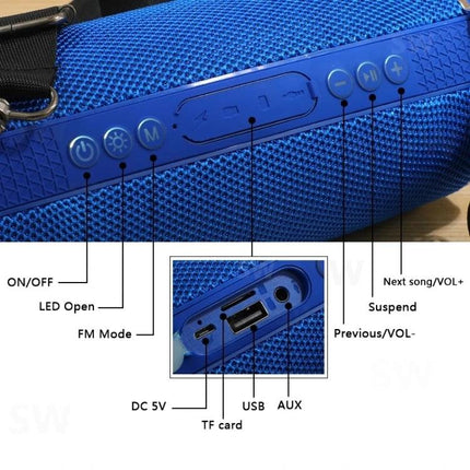 T G Portable Bluetooth Speaker With Detachable Strap For Everyday Use showing blue mesh body, control buttons, ports and detachable strap