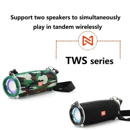 T G Portable Bluetooth Speaker With Detachable Strap For Everyday Use showing two TWS speakers