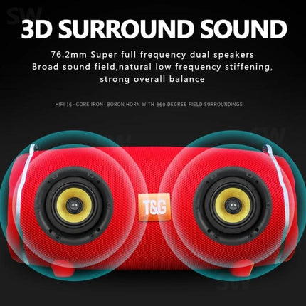 TG Portable Bluetooth Speaker With FM Radio For Commute showing red dual-driver portable speaker with 3D surround sound visuals