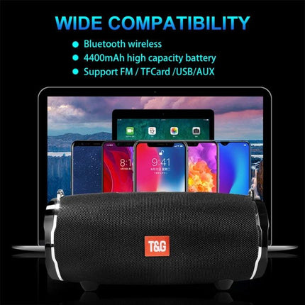 TG Portable Bluetooth Speaker With FM Radio For Commute compact black speaker showing phones tablet wide compatibility features