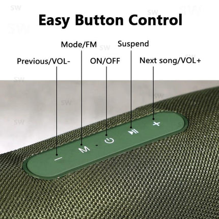 TG Portable Bluetooth Speaker With FM Radio For Commute showing green fabric top with labeled easy button controls and icons