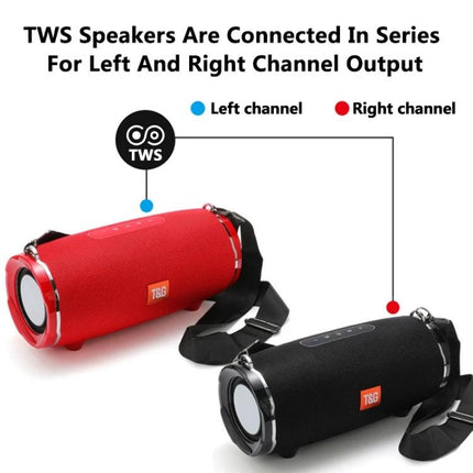 TG Portable Bluetooth Speaker With FM Radio For Commute showing red and black TWS speakers labeled left and right channel