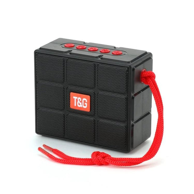 T And G Portable Speaker With LED Light For Outdoor Gatherings compact black Bluetooth speaker with red strap