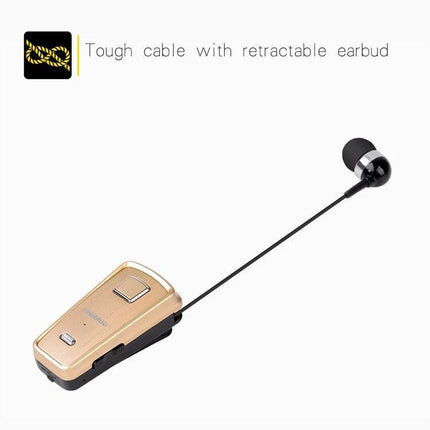 Retractable Cable Bluetooth Headset White With Vibration Alert For Commuting white retractable-cable headset shown with earbud and clip