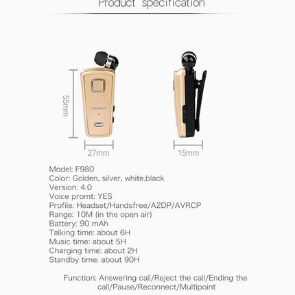 Retractable Cable Bluetooth Headset White With Vibration Alert For Commuting compact white F980 headset with retractable cable and clip