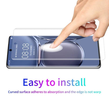 ENKAY Full Coverage Screen Protector For Huawei P50 Pro showing finger touch installation on curved screen, clear PET film full edge-to-edge coverage