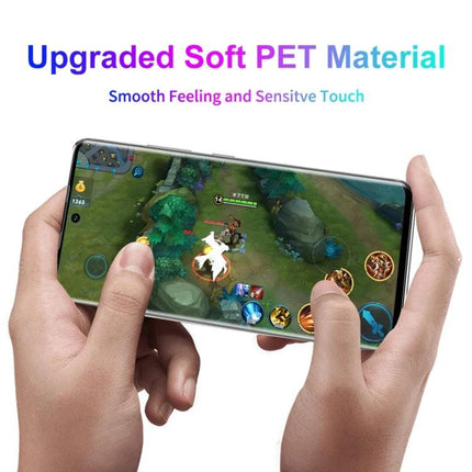 ENKAY Full Coverage Screen Protector For Huawei P50 Pro showcasing hands gaming with smooth PET material and full edge-to-edge clarity